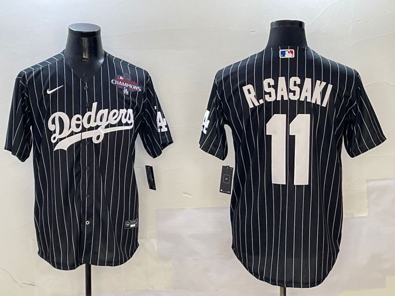 Men Los Angeles Dodgers #11 R.Sasaki Black Stripe Jointly Name 2025 Nike MLB Jersey style 6